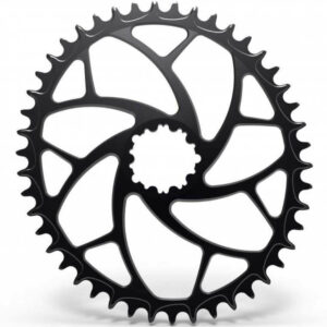 A black ALUGEAR oval chainring on a white background.