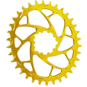 A gold ALUGEAR 3-Bolt Oval Boost Chainring on a white background.