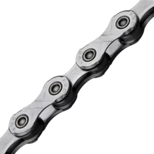 A close up of two silver KMC X12 EPT 12-Speed Chain links on a white background.