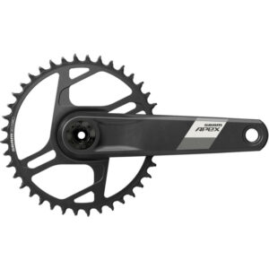 An image from the front of a matte black SRAM Apex 1x DUB crankset on a white background.
