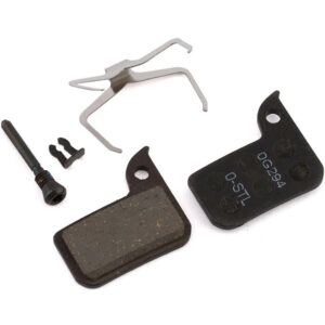Black organic SRAM Road CX HRD Disc Brake Pads with spring, clip and pin against white background