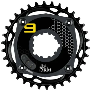 A black and yellow SRM SRAM 3-bolt MTB power meter with chainring on a white background.